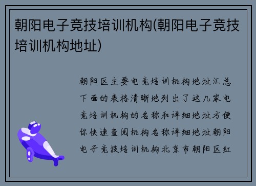 朝阳电子竞技培训机构(朝阳电子竞技培训机构地址)